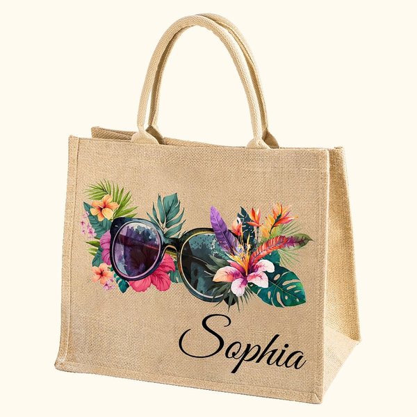 Gafas de sol personalizadas Silla de playa Chanclas Bolsa de yute grande con nombre Vacaciones de verano Accesorio de viaje Regalo para ella