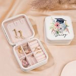 Gepersonaliseerd boeket bloemen afstudeerhoofd leren juwelendoos met naam draagbaar afstudeergeschenk voor haar