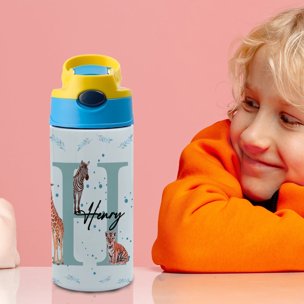 Personalisierte bunte Tier Dschungel 12oz Sport Wasserflasche mit Strohhalm Geburtstag zurück zu Schule Geschenk für Kinder 4