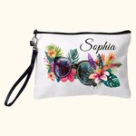 Sac de Maquillage avec Bracelet Portable Personnalisé avec Nom Motif Lunettes de Soleil Fleur Vacances d'Été Cadeau Voyage pour Femme