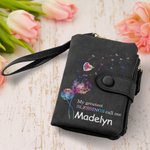 Personalised Gradient Dandelion Flower Tri-fold Leather Wristlet Wallet with 1-8 Bubble Heart and Name Birthday Mother's Day Gift for Mom Grandma