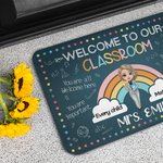 Personalized Welcome to Our Classroom Rainbow Doormat with Name and Cartoon Teacher Character Non-Slip Teacher's Day Back To School Gift for Teacher