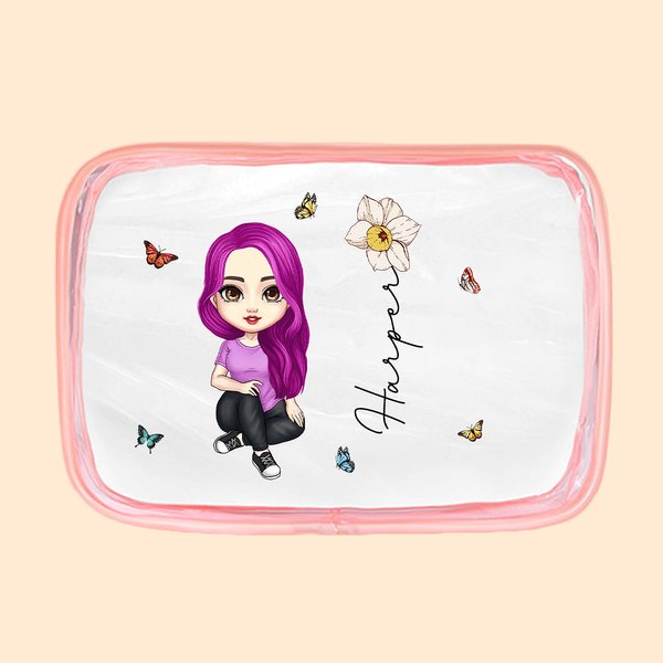 Personalisierte Weibliche Cartoonfigur Kosmetiktasche mit Namen Geburtsblume Transparent Wasserdicht Travel Essentials Hochzeit Party Urlaub Geschenk