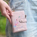 Personalised Gradient Dandelion Flower Tri-fold Leather Wristlet Wallet with 1-8 Bubble Heart and Name Birthday Mother's Day Gift for Mom Grandma