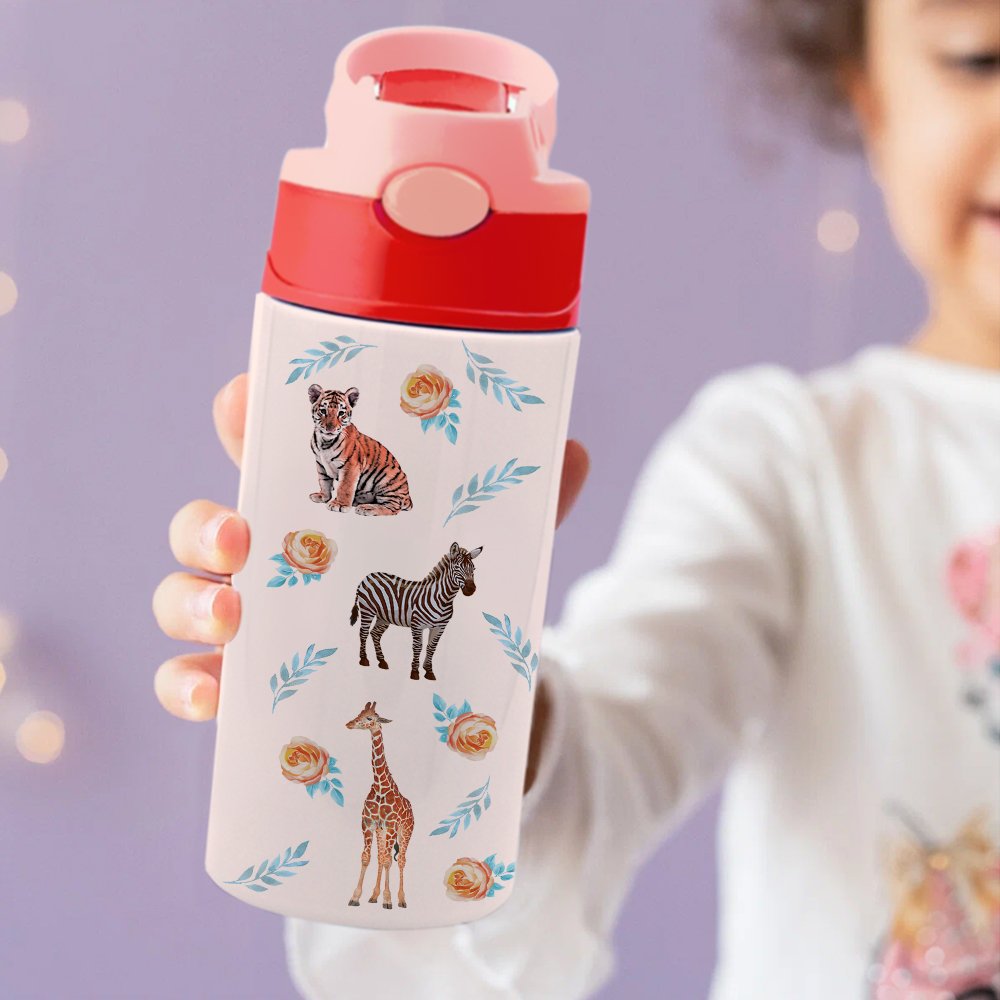 Personalisierte bunte Tier Dschungel 12oz Sport Wasserflasche mit Strohhalm Geburtstag zurück zu Schule Geschenk für Kinder 3