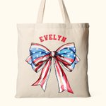 Personalized American Flag 1776 Bow Tie Canvas Tote Bag with Name 4th of July Independence Day Gift for Family Friend