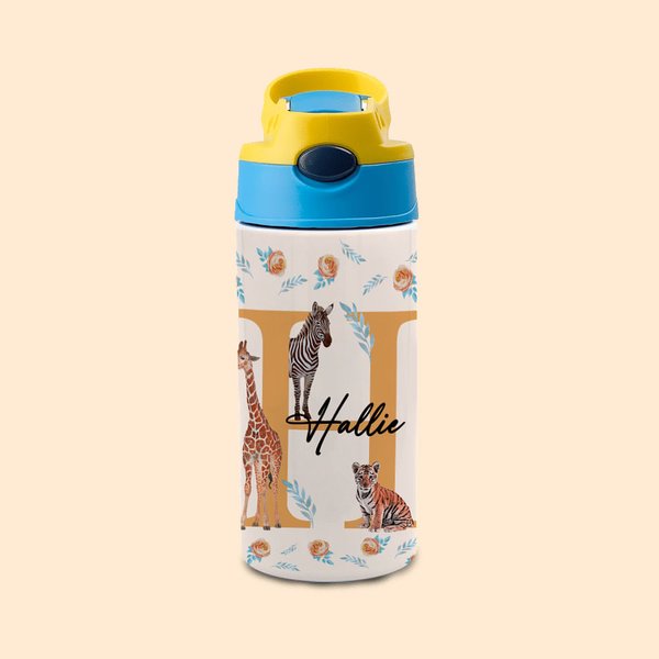 Personalisierte bunte Tier Dschungel 12oz Sport Wasserflasche mit Strohhalm Geburtstag zurück zu Schule Geschenk für Kinder