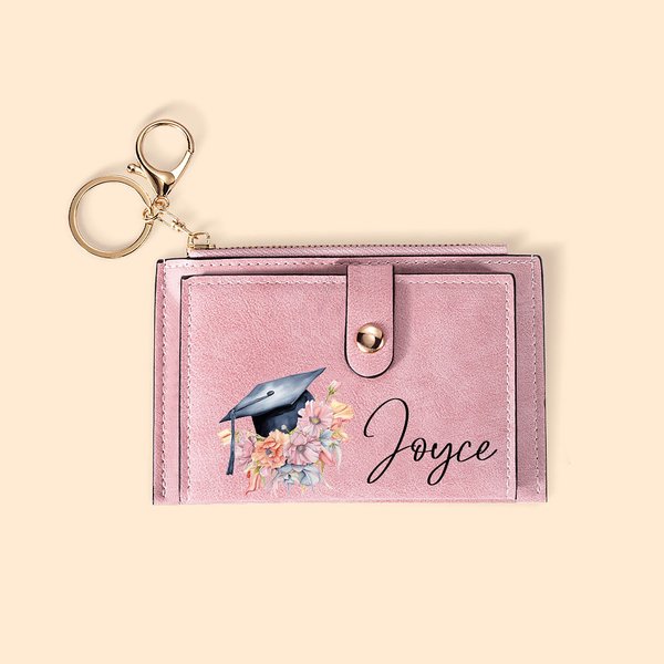 Personalized Bouquet of Flowers Graduation Cap Leather Wallet with Name and Card Holder Portable Graduation Gift for Women