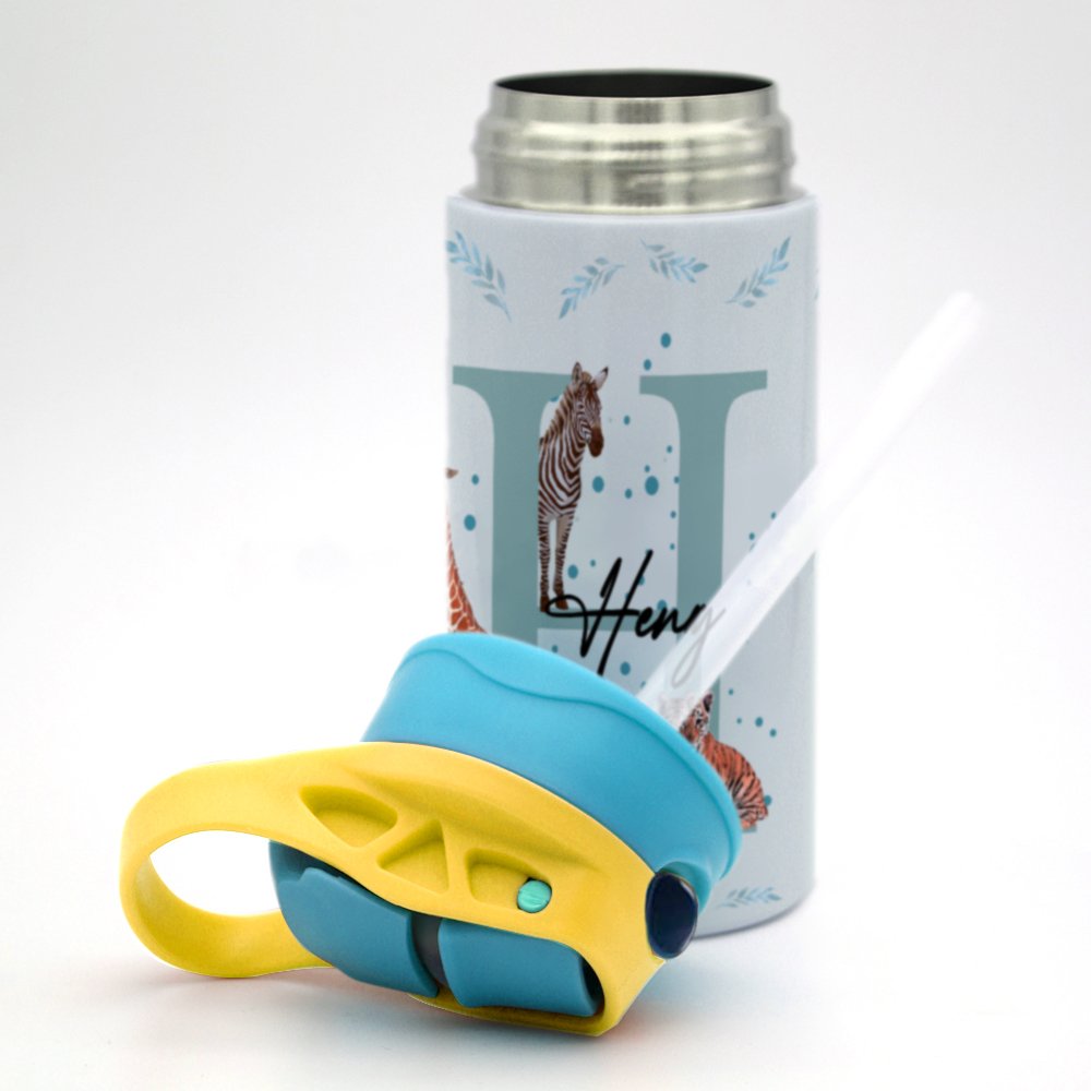 Personalisierte bunte Tier Dschungel 12oz Sport Wasserflasche mit Strohhalm Geburtstag zurück zu Schule Geschenk für Kinder 5