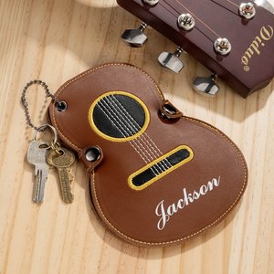 Personalisierte Gitarrenförmige PU-Leder Plektrum-Tasche mit Namen Schlüsselring Aufbewahrung Tragbar Geburtstag Musik Festival Geschenk für Gitarrist