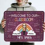 Personalized Welcome to Our Classroom Rainbow Doormat with Name and Cartoon Teacher Character Non-Slip Teacher's Day Back To School Gift for Teacher