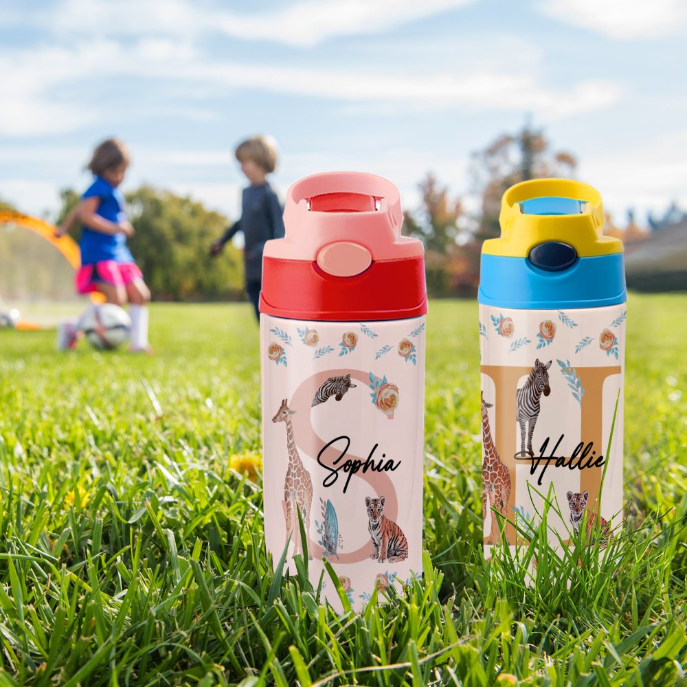 Personalisierte bunte Tier Dschungel 12oz Sport Wasserflasche mit Strohhalm Geburtstag zurück zu Schule Geschenk für Kinder 2