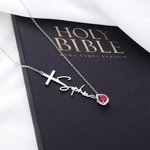 Collana personalizzata con nome a croce e pietra a forma di goccia Regalo di compleanno cristiano e di battesimo per lei