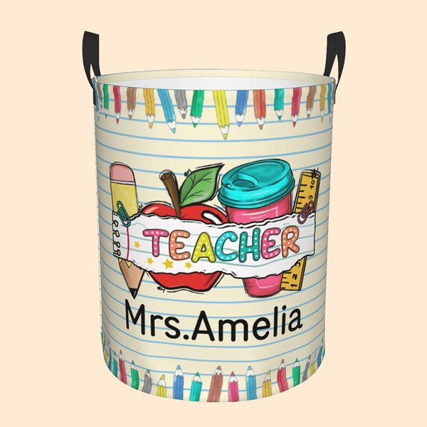 Personalised Colourful Letter Pencil Apple Theme Waterproof Laundry Storage Basket with Name Back to School Appreciation Gift for Teacher