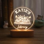 Personalised Name Library LED Night Light with Wood Base Book Club Decor Birthday Gift for Book Lover