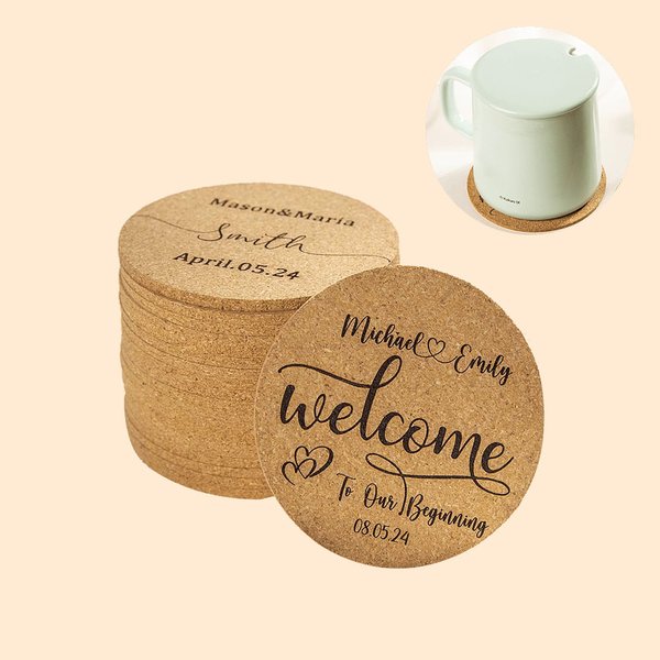 Personalised Set of 10 Reusable Wedding Favor Cork Coasters with Couple Name and Date Bridal Shower Gift for Newlyweds