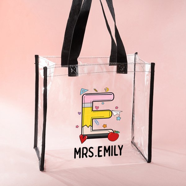 Sac Fourre-tout Transparent Imperméable Personnalisé avec Nom et Initiale Motif Pomme Crayon Cadeau Rentrée Remerciement pour Enseignant