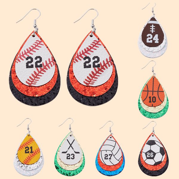 Boucles d'Oreilles en Cuir PU Personnalisées avec Numéro Forme Goutte d'Eau avec Paillette Style Balle Cadeau Anniversaire pour Amoureux du Sport