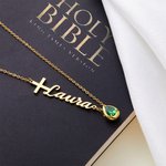 Collana personalizzata con nome a croce e pietra a forma di goccia Regalo di compleanno cristiano e di battesimo per lei