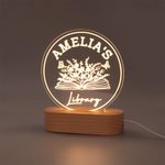 Personalised Name Library LED Night Light with Wood Base Book Club Decor Birthday Gift for Book Lover