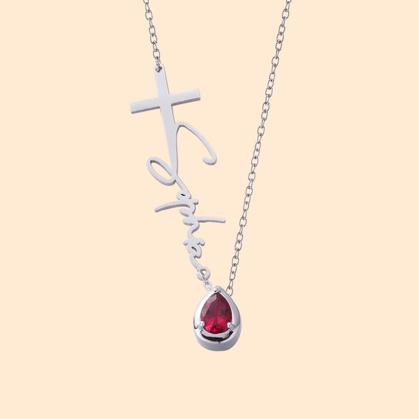 Collana personalizzata con nome a croce e pietra a forma di goccia Regalo di compleanno cristiano e di battesimo per lei