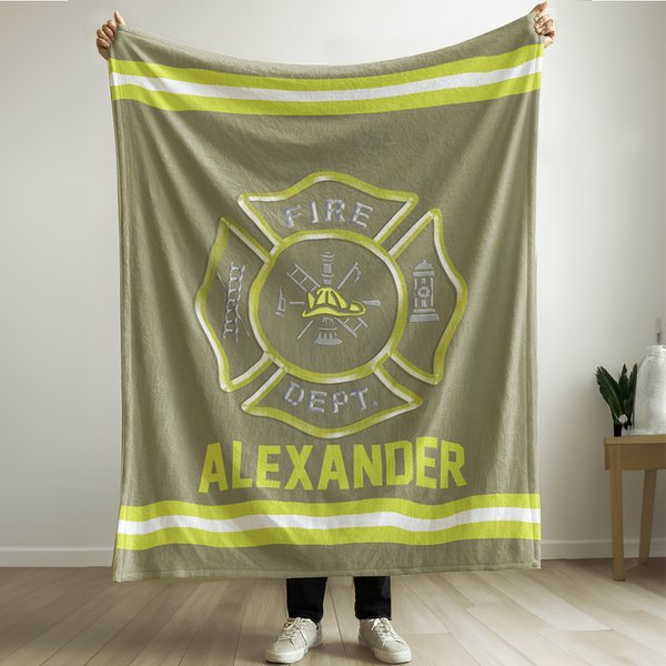 Personalized Fire Helmet Shield Maltese Cross Design Firefighter Soft Throw Blanket with Text Birthday Appreciation Gift for Firemen