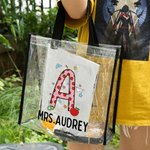 Sac Fourre-tout Transparent Imperméable Personnalisé avec Nom et Initiale Motif Pomme Crayon Cadeau Rentrée Remerciement pour Enseignant