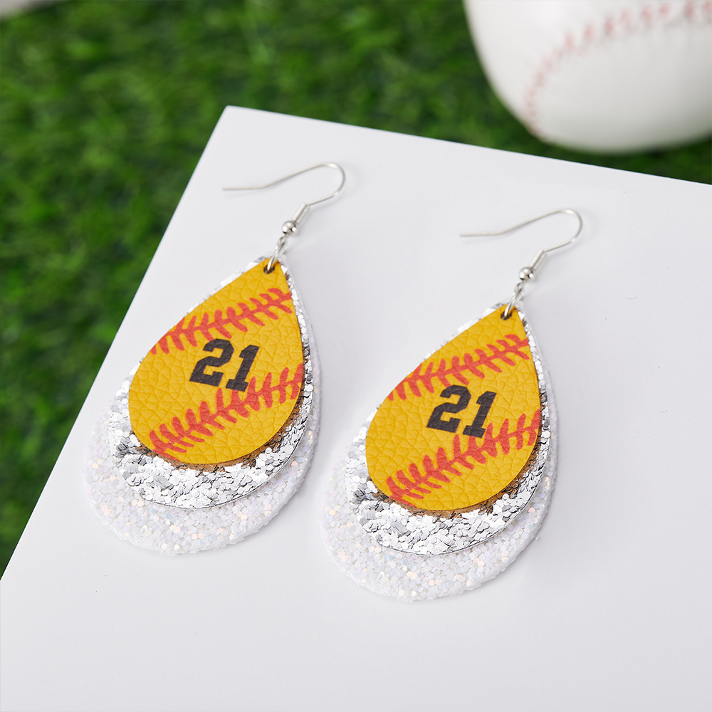 Personalised Glitter Baseball Softball Football Teardrop PU Leather Earrings with Number Birthday Game Day Gift for Sports Lover