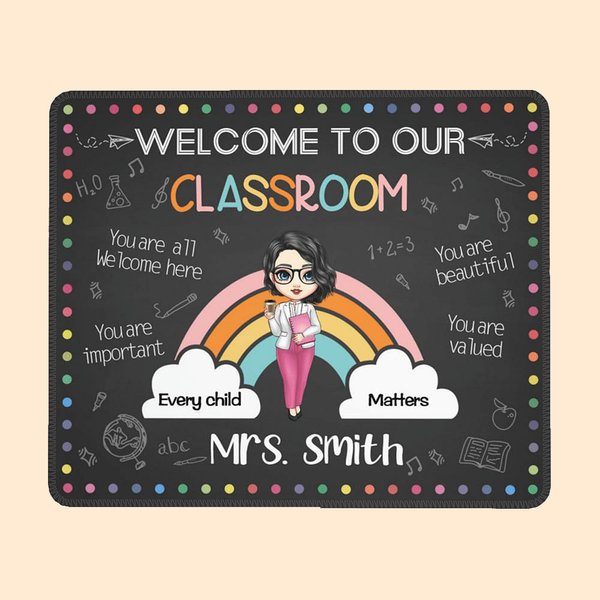 Personalised Welcome To Our Classroom Name Mouse Pad with Cartoon Teacher Character Appreciation Back to School Gift for Teacher