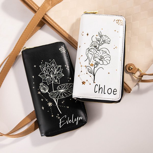 Personalizada Zodiaco Nacimiento Flor Cartera de mano portátil de cuero con nombre y múltiples compartimentos Cumpleaños Aniversario de regalo para las mujeres
