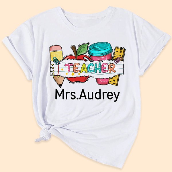 Personalisierte niedlichen Bleistift Apfel Lineal Tumbler 100% Baumwolle Unisex T-Shirt mit Namen Teacher's Day Wertschätzung Geschenk für Lehrer