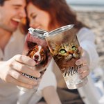 Gobelet Personnalisé avec Photo Animal Aquarelle et Prénom Gobelet avec Couvercle Étanche Paille Cadeau Anniversaire pour Amoureux Animal de Compagnie
