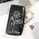 Personalizada Zodiaco Nacimiento Flor Cartera de mano portátil de cuero con nombre y múltiples compartimentos Cumpleaños Aniversario de regalo para las mujeres