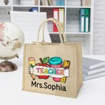 Gepersonaliseerde Schattige Potlood Appel Liniaal Tumbler Jute Tote Tas met Naam Grote Capaciteit Teacher's Day Waardering Terug naar School Gift voor Leraar