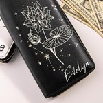 Personalizada Zodiaco Nacimiento Flor Cartera de mano portátil de cuero con nombre y múltiples compartimentos Cumpleaños Aniversario de regalo para las mujeres