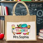 Gepersonaliseerde Schattige Potlood Appel Liniaal Tumbler Jute Tote Tas met Naam Grote Capaciteit Teacher's Day Waardering Terug naar School Gift voor Leraar
