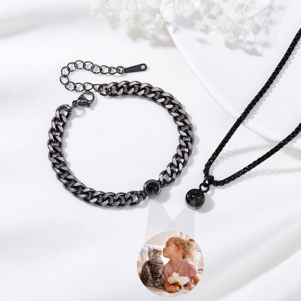 Personlig fotoprojeksjonsboks kjede halskjede Curb Link armbånd Bursdag Valentinsdag gave til menn