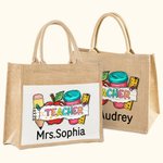 Gepersonaliseerde Schattige Potlood Appel Liniaal Tumbler Jute Tote Tas met Naam Grote Capaciteit Teacher's Day Waardering Terug naar School Gift voor Leraar