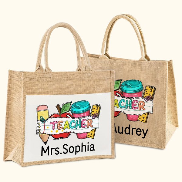 Gepersonaliseerde Schattige Potlood Appel Liniaal Tumbler Jute Tote Tas met Naam Grote Capaciteit Teacher's Day Waardering Terug naar School Gift voor Leraar