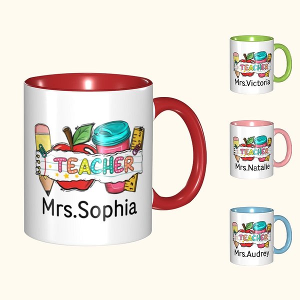 Mug en Céramique 330ml Personnalisé avec Nom Motif Crayon Pomme Carnet de Notes Cadeau de Rentrée pour Professeur