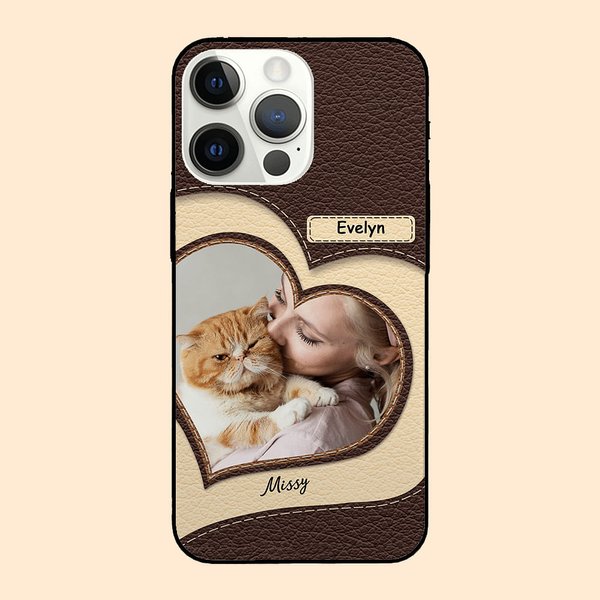 Coque iPhone en Cuir Personnalisée avec Photo de Cœur et Noms Cadeau Anniversaire pour Amoureux d'Animal de Compagnie