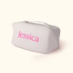 Henkilökohtainen nahka vedenpitävä Glitter nimi meikki laukku jakaja ja kahva Travel Accessory syntymäpäivä häät lahja naisille