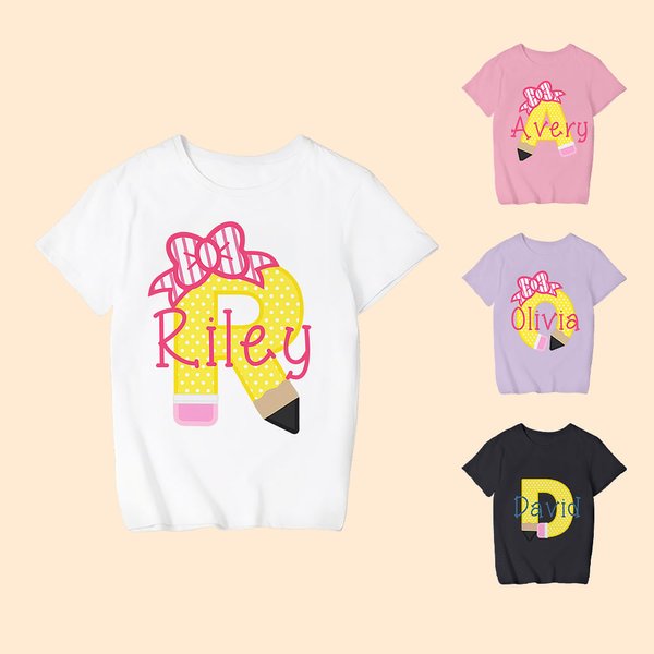 Personalised 100% Cotton Cute Bow Pencil Initial Kid T-shirt with Name Back to School First Day of School Gift for Boys Girls Kids