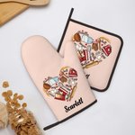 Set de guantes y agarradores de olla personalizados con texto y lazo para colgar para los amantes de la cocina