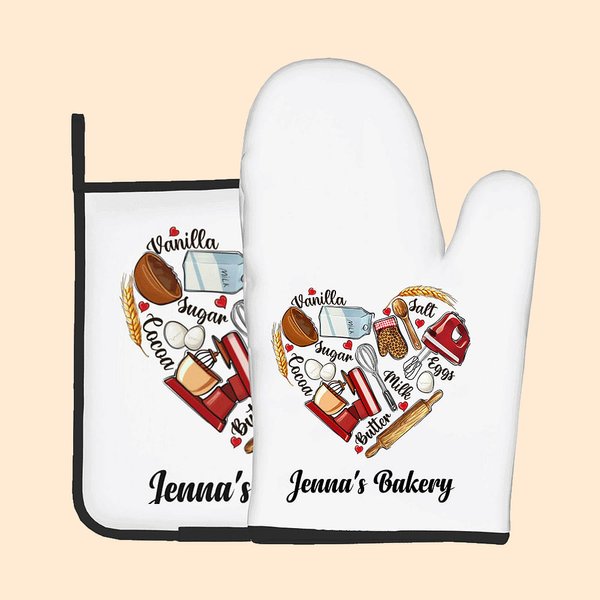 Set de guantes y agarradores de olla personalizados con texto y lazo para colgar para los amantes de la cocina