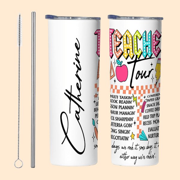 Vaso personalizado Retro Neon Letters Teacher Tour 20oz Skinny Tumbler con pajita y cepillo de limpieza Regalo de agradecimiento por la vuelta al cole