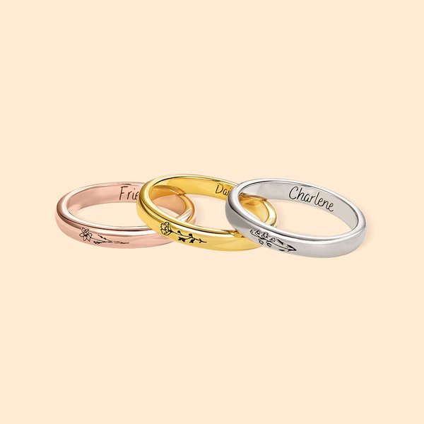 Personalised Engraved Birth Flower Thin Band Ring with Name Minimalist Jewellery Birthday Mother's Day Gift for Her