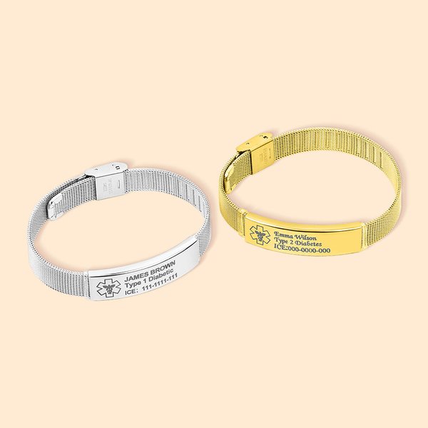 Personalised Adjustable Emergency Medical Alert ID Mesh Band Bracelet with Engraved Text Birthday Gift for Diabetes Allergy Epilepsy Autism
