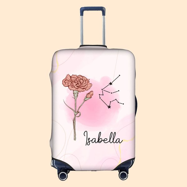 Personalized A Girl Who Really Loved Traveling Birth Flower Constellation Luggage Cover Fits 18-32 Inches Suitcase Birthday Gift for Her