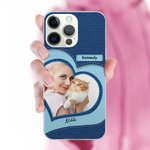 Coque iPhone en Cuir Personnalisée avec Photo de Cœur et Noms Cadeau Anniversaire pour Amoureux d'Animal de Compagnie